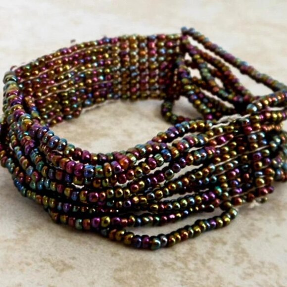 Rainbow Seed Bead Stretch Cuff Bracelet Boho Vintage - Picture 3 of 5